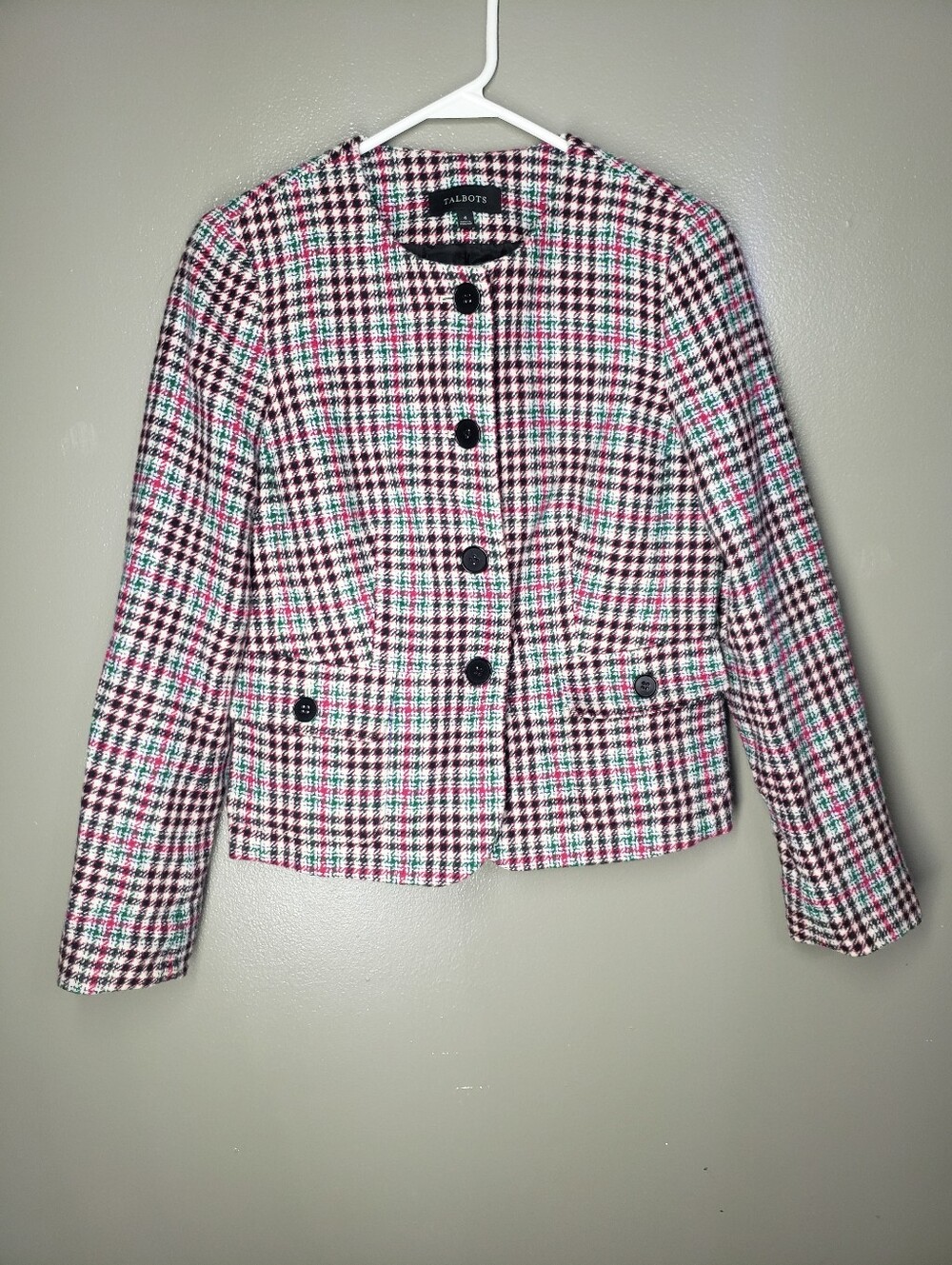 Talbots Womens Collarless Blazer Houndstooth Plaid Wool Size 4 2012 Button Front